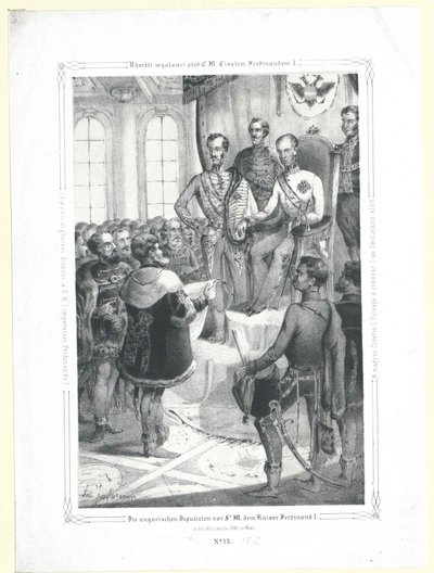 Os deputados húngaros em frente de Sir M. o imperador Fernando I na semana de março de 1848 de Artist Unknown
