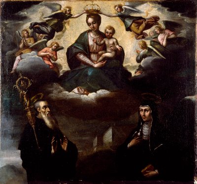 A Virgem tem o Menino com São Bento de Nursie e a sua irmã Sainte Scolastique (Escolástica), fundadora da Ordem dos Beneditinos Pintura anónima. Abadia de Monte Cassino, Itália de Artist Unknown