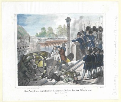 O ataque do Regimento de Infantaria k. k. Regimento de Infantaria de Nassau na Taborbruecke (Ponte Tabor) a 6 de outubro de 1848 de Artist Unknown