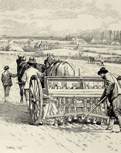 REINO UNIDO. INGLATERRA. Revolução Industrial. Máquina de perfuração inventada por Jethro Tull. Semeadura de cevada em fevereiro. Desenho de Gunning King publicado no "The Illustrated London News". Gravura. de Artist Unknown