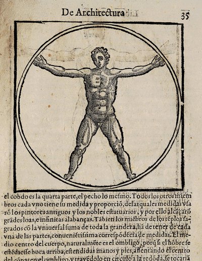 VITRUVIUS, Marcus Vitrubius Pollio (século I a.C.). "De Architectura" (Sobre a Arquitetura), com tradução para espanhol de Miguel de Urrea. Editado em Alcalá de Henares por Juan Gracian (1582). Ilustração da página 35 com o cânone do corpo humano. Xilograv de Artist Unknown