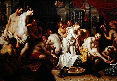 Esther no Refúgio Feminino de Ahasuerus (óleo sobre carvalho) de Artus Wolfaerts or Wolffort