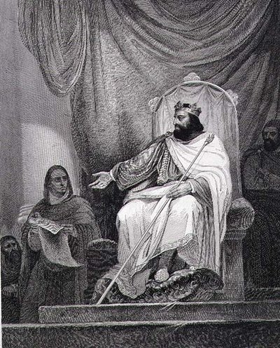 Carlos Magno (742-814) que emitiu o Capitulário de Herstal em 779, gravado por Leclerc (gravura) de Ary (after) Scheffer