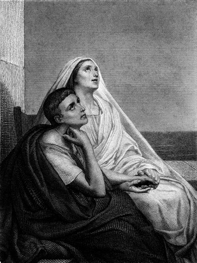 Santa Monique com Santo Agostinho - no frontispício da História de Santa Monique por Abbe Bougaud, Librairie Poussielgue 1866 de Ary Scheffer