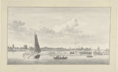 Grande jangada e vários navios no Merwede na casa de Merwe perto de Dordrecht de Ary van Wanum