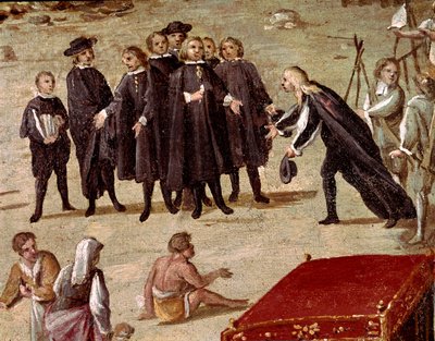 Lugar do tribunal da Vicária em Nápoles na época da revolução de Masaniello Criminosos são juízes antes da entrada - Detalhe representando um advogado apresentando uma petição a um magistrado - Pintura de Ascanio Luciani (ca. 1621-1706) Nápoles, Musa de Ascanio Luciani