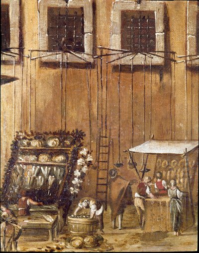 Lugar do tribunal do Vicariato em Nápoles na época da revolução dos criminosos Masaniello são juízes antes da entrada - Detalhe representando vendedores de pão e peixe - Pintura de Ascanio Luciani (ca. 1621-1706) Nápoles, Museo Nazionale di San Ma de Ascanio Luciani