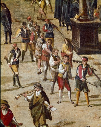 Lugar do tribunal do Vicariato em Nápoles na época da revolução dos criminosos Masaniello são juízes antes da entrada - Detalhe retratando um grupo de condenados acorrentados pelo pescoço - Pintura de Ascanio Luciani (ca. 1621-1706) Nápoles, Museo Nazional de Ascanio Luciani