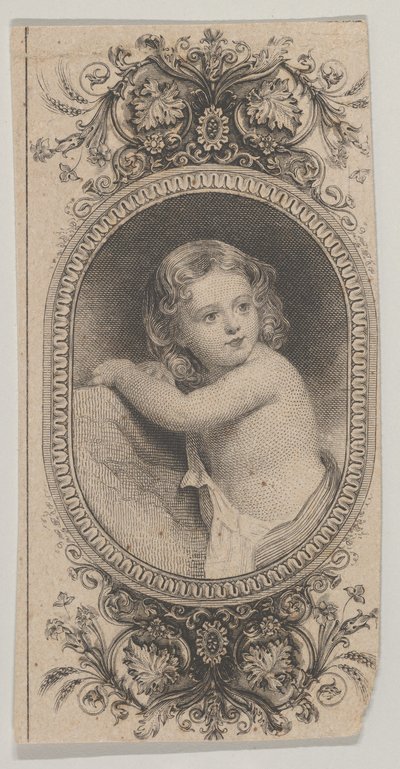 Motivo de notas: um retrato de criança e duas ovais estampadas rodeadas por um f..., c. 1824-37. de Asher Brown Durand.
