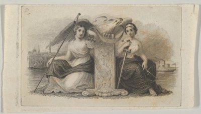 Vinheta de notas com figuras femininas representando a Liberdade e a Justiça, ca. 1824-37. de Asher Brown Durand.