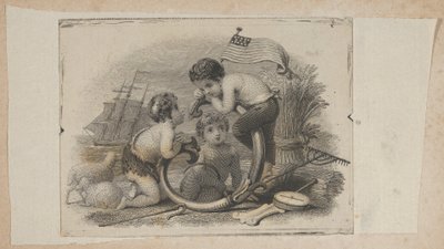 Vinheta de notas com três putti como pastor, agricultor e marinheiro, ca. 1824-37. de Asher Brown Durand.
