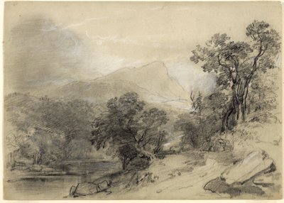 Estudo para Paisagem-Composição: Em Catskills, 1848 (grafite, giz branco, carvão e guache branco com arranhando e stumping em papel cáqui) de Asher Brown Durand