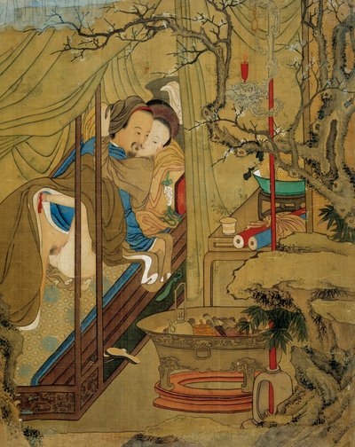 Arte asiática: cena erótica. Um casal durante o ato de amor em uma cama. Pintura em seda do século XVIII. Coleção Particular de Asian School