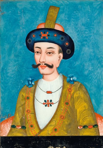 Pintura em vidro reverso de um nobre com turbante, da Índia ou da China para o mercado indiano (óleo sobre vidro) de Asian School