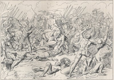 Guerra do Peloponeso: A Batalha de Potidee (La battaglia di Potidea) onde o filósofo grego Sócrates salvou a sua vida em Alcibiade. (Engraving d