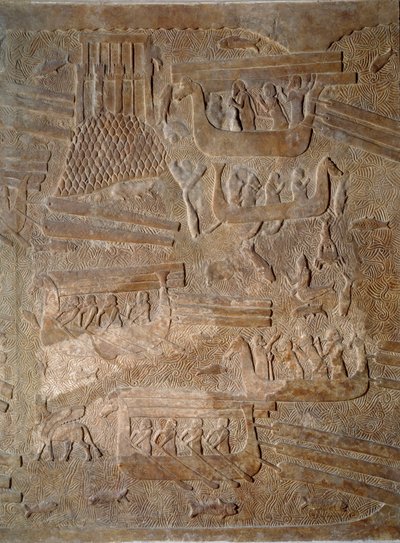 Art Mesopotâmia (Assíria): pátio do palácio do rei da Assíria Sargão II (721 - 705 a.C.) transporte de madeira de cedro do Líbano. Paris, Musee Du Louvre de Assyrian