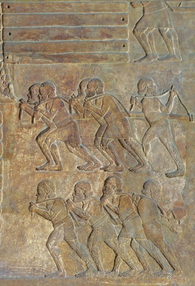Detalhe de um relevo que representa o armazenamento de madeira na praia antes do transporte por mar, do Palácio de Sargon II, Khorsabad, Iraque de Assyrian