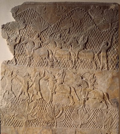 Arte oriental da antiguidade: cena de batalha. Baixo relevo do Palácio Assurbanipal, Assíria (século VII a.C.). Paris, Musee Du Louvre de Assyrian