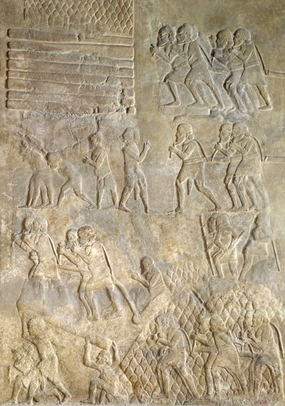 Relevo retratando porteiros trazendo madeira para a costa para transporte marítimo. do Palácio de Sargão II, Khorsabad, Iraque de Assyrian