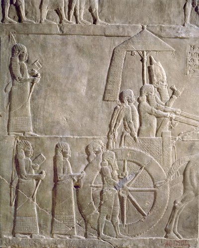 Relevo retratando o carro dos prisioneiros do Rei Assurbanipal e Elamita, episódios do Elam canpaign, do Palácio de Assurbanipal em Nínive, c.645 aC (alabastro cigano) de Assyrian