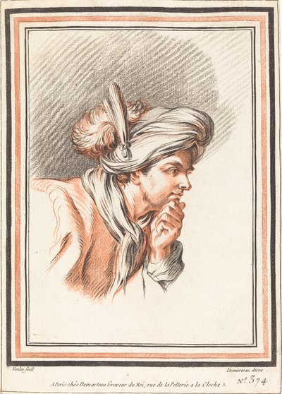 Cabeça de um homem vestindo um turbante emplumado de Atelier of Gilles Demarteau the Elder after Carle Van Loo