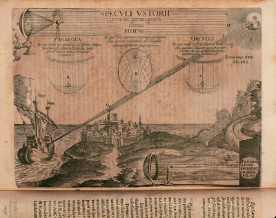Espelhos ardentes de Arquimedes, gravura de Ars magna lucis et umbrae ( grande arte de luz e sombra), de Athanasius Kircher (1602-1680), Roma de Athanasius Kircher
