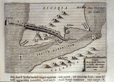 Representação cartográfica de Charybde" e "Scylla" em Detroit de Messina, Sicília" Gravura de "Mundus Subterraneus" de Athanasius Kircher (1601-1680), Jesuite, Orientalista e estudioso 1682 de Athanasius Kircher