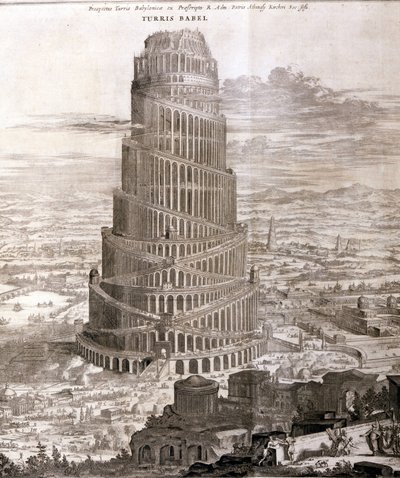 A Torre de Babel. Reconstrução feita por Athanasius Church na sua obra "Turris Babel" sobre a construção desta torre e a história da humanidade primitiva. de Athanasius Kircher