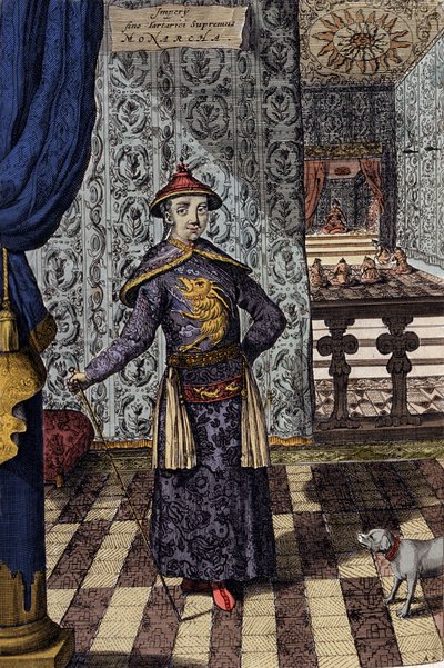 O Imperador chinês e Governante Supremo dos Tártaros - Imperador chinês Kangxi (1652-1722) Dinastia Qing, gravura de Athanasius Kircher (1601-1680) de "China Monumentis, qua sacris qua profanis" 1667 - Imperador chinês Kangxi (1652-1722) Dinastia Qing, de Athanasius Kircher