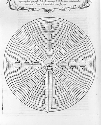 O labirinto de Cnossos desenhado por Dedale - No centro está o minotauro - "Turris Babel" de Athanase Kircher - Amsterdão de Athanasius Kircher