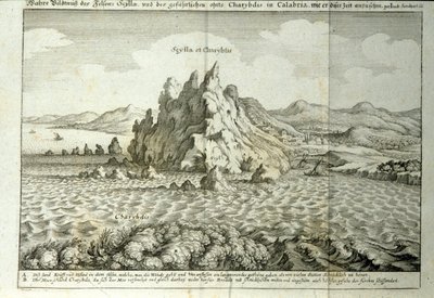 Vista das rochas de "Charybde" e "Scylla" em Detroit de Messina, Sicília" Gravura de "Mundus Subterraneus" de Athanasius Kircher (1601-1680), Jesuite, orientalista e erudito 1682 de Athanasius Kircher