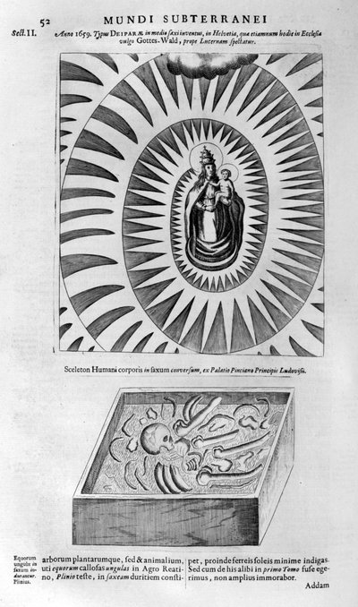 Virgem e criança e um esqueleto humano, 1678 de Athanasius Kircher