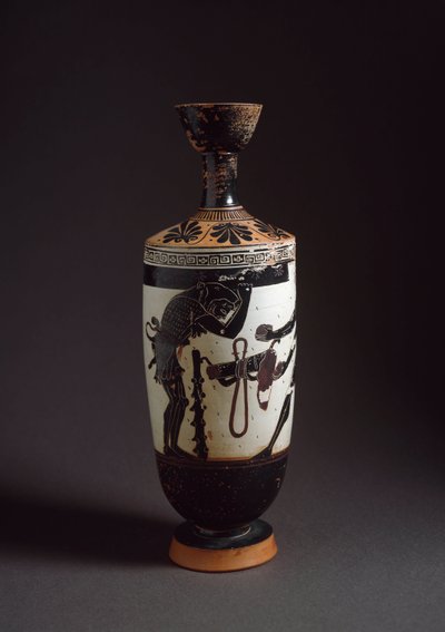 Arte grega: "Heracles and Atlas" Detalhe de Heracles (Hércules) Lekythos (lecyth) branco realizado pelo pintor de Athena (450-400 AC). Atenienses, Museu Nacional de Arqueologia de Athena Painter (workshop of)
