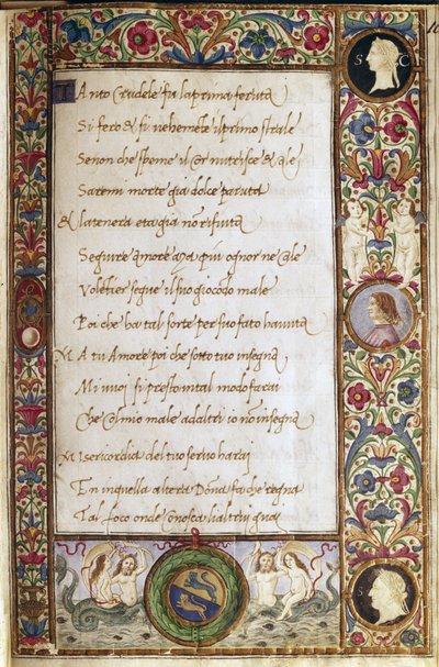Página do manuscrito "Il canzoniere" de Francesco Petrarca (Petrarca) (1304-1374) iluminado por Attavante dei Attavanti (1452-1525) (ms. cl.VIII.684) Século XV Dim. 19 x 12,7 cm Florença, Biblioteca Nacional de Attavante di Gabriello di Vanti di Bartolo