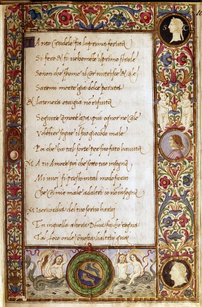 Página do manuscrito de "Il Canzoniere" de Francesco Petrarca (1304-1374). Miniatura de Attavante degli Attavanti (1452-1525), Biblioteca Nacional, Florença de Attavante di Gabriello di Vanti di Bartolo
