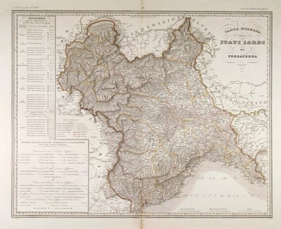 Estados da Sardenha no continente. Mapa de Attilio Zuccagni-Orlandini, retirado do Atlas Geográfico dos Estados Italianos, Florença, gravura em cobre de Attilio Zuccagni Orlandini