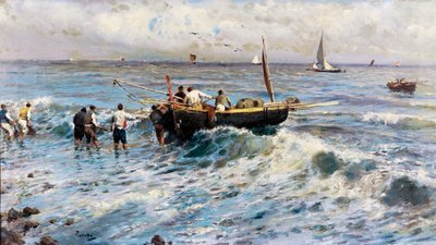 Seascape com pescadores (pintura) de Attillo Pratella