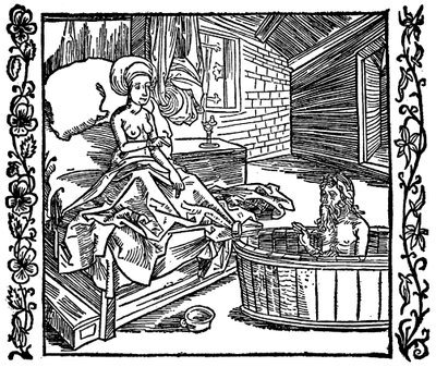 A mulher e o eremita a banhar-se. de attributed to Albrecht Dürer
