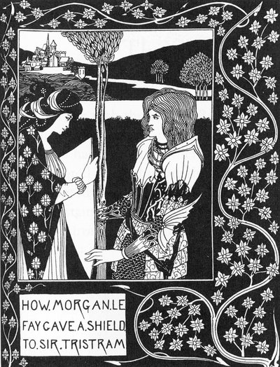 Arthurian Legend: "The fee Morgane gives a shield to Tristan" Gravação em "The story of Tristan and his adventures, which includes his love story with Isolde" "The Morte of Arthur" de Sir Thomas Malory, edição ilustrada por Aubrey deu Beardsley ( de Aubrey Beardsley