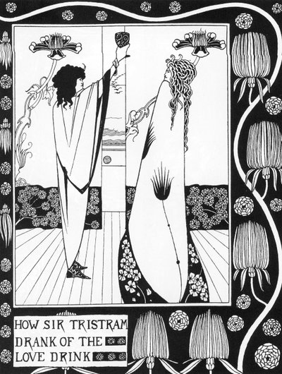 Arthurian Legend: "Tristão bebendo o filme do amor" Gravação em "A história de Tristão e suas aventuras, que inclui sua história de amor com Isolda" de Sir Thomas Malory, edição ilustrada por Aubrey Beardsley (1872-1898) 1893-1894 (Arthuria de Aubrey Beardsley