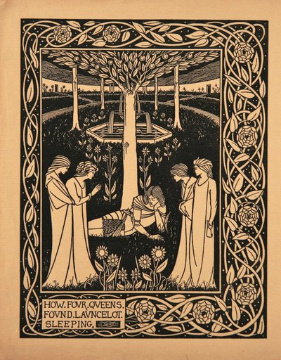 Como quatro rainhas encontraram Lancelot dormindo. Ilustração do livro Le Morte dArthur de Sir Thomas de Aubrey Beardsley