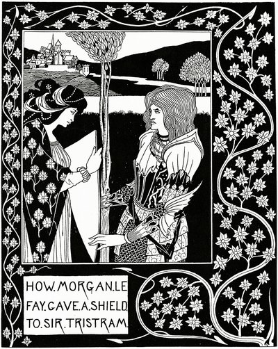 Como Morgan le Fay deu um escudo a Sir Tristram, ilustração de "Le Morte d&39;Arthur" de Sir Thomas Malory, 1894 de Aubrey Beardsley