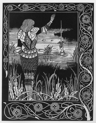 Como Sir Bedivere lançou a espada Excalibur na água, uma ilustração de "Le Morte d&39;Arthur" de Sir Thomas Malory, 1893-94 de Aubrey Beardsley