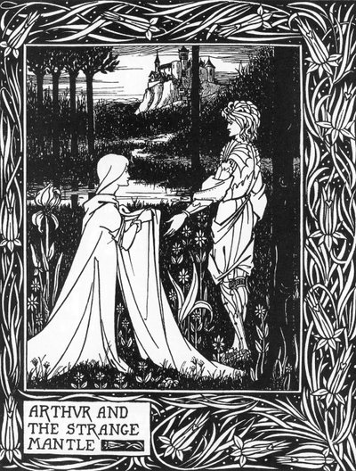 Rei Artur recebe a visita de uma jovem enviada por Morgane (Rei Artur e o estranho manto enviado por Morgan, o feiticeiro) Ilustração de Aubrey Beardsley (1872-1898) de Thomas Malory, "A Morte de Artur". de Aubrey Beardsley