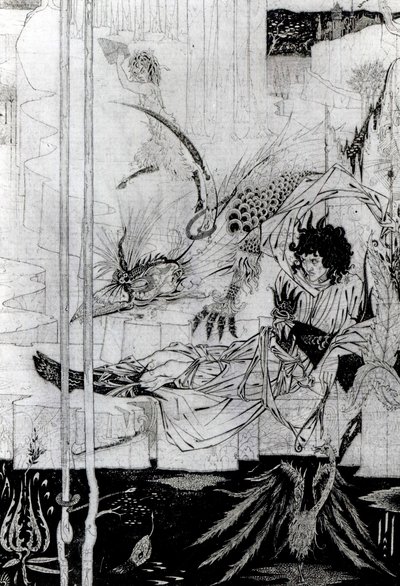 Agora o Rei Arthur viu a Besta de Caça e a sua grande maravilha, de &39;Le Morte d&39;Arthur&39;, de Sir Thomas Malory (d.1471), publicada em 1893-94 (tinta preta e grafite). de Aubrey Beardsley