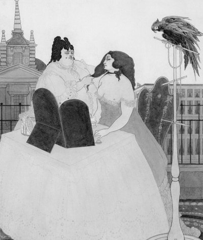A senhora na penteadeira (tinta e lavagem) de Aubrey Beardsley