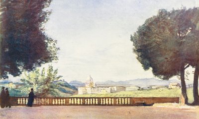 Roma: A Basílica de São Pedro vista da Villa Pamphili Doria (litografia a cores) de Aubrey Waterfield