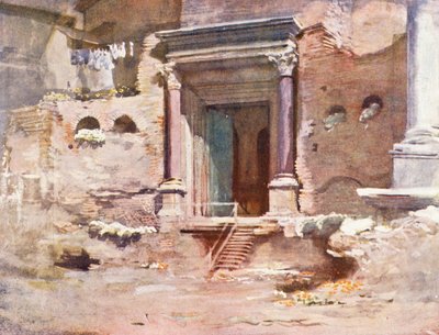 Roma: A Porta do Templo de Rómulo, Fórum (litografia a cores) de Aubrey Waterfield