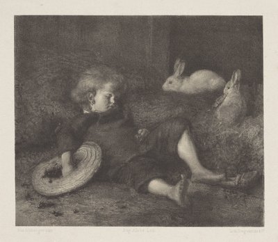 Criança dormindo com coelhos de August Allebe