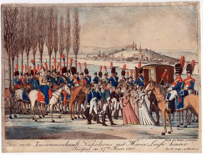 Napoleão apresenta a Imperatriz Marie-Luise à sua família fora do pavilhão perto de Soissons - Campe, August Friedrich Andreas (1777-1846) - Gravura, aguarela - 17,3x23 - Colecção Privada de August Friedrich Andreas Campe